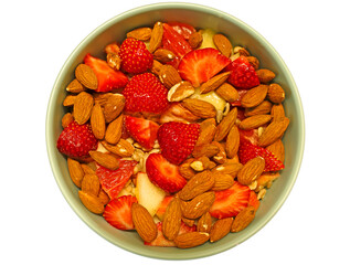 Vegan food: a bowl of fruit and nuts. With transparent background