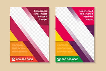 collection of Law firm flyer design template. experienced and trusted personal lawyer Legal firm banner poster leaflet. funny colorful concept with diagonal space for photo collage and text. 