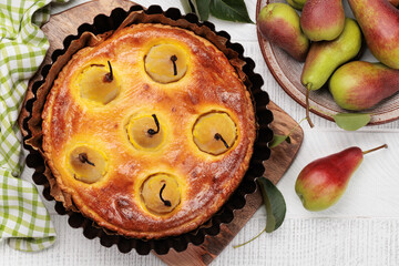 Homemade pear pie. Fruit tart with seasonal fruits
