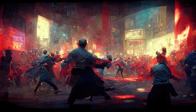 Epic Colorful Sci-fi Battle Scene, Picturesque Battle, Painting Illustration Art