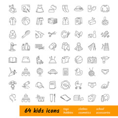 Big collection of kids icons. Sixty four vector icons. Thin line icons.