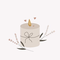 Hand drawn aroma candle. Cute vector illustration. Sticker for spa salon, relax and calm. Design for scrapbooking, postcards and posters. Cozy home.
