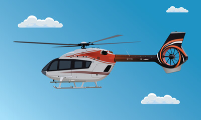 Obraz na płótnie Canvas Helicopter flying in sky, Helicopter fly in clouds, Flying Chopper Air Transportation. Private helicopter . Flat Vector realistic Illustration on blue sky background.