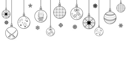 Fototapeta na wymiar Black Doodle Outline Simple Line Abstract Maerry Christmas Xmas Balls With Snowflakes Holiday Decorations Happy New Year Background Vector Design Style