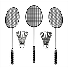 Three badminton racket and shuttlecocks black silhouettes, vector illustration isolated on white background. Essential badminton sport game equipment. Line art icon for sports apps and websites.