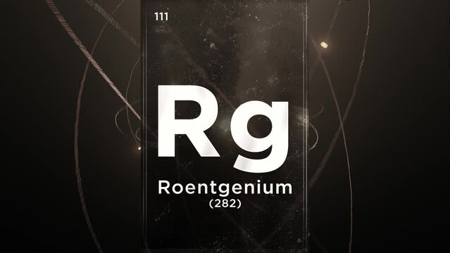 Roentgenium (Rg) symbol chemical element of the periodic table, 3D animation on atom design background