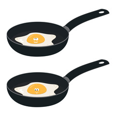 Fried egg character with kawaii eyes in a frying pan, black outline, line, vector illustration