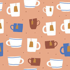 Vector seamless pattern with tea cups on brown background - 533722447