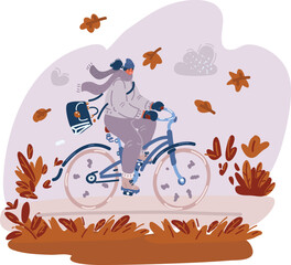 Obraz na płótnie Canvas Vector illustration of Girl riding bike in cold weather. Woman rides bicycle on forest road. Character spends time in autumn park with trees