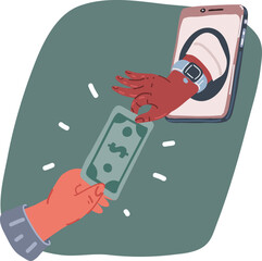 Vector illustration of Creative collage. Hand giving money symbolizing online payment. Contactless payment. Concept of online shopping, salary, finance, apps, network