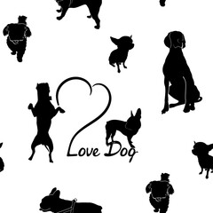 Dog seamless pattern. Different breeds of dogs. French Bulldog, American Staffordshire Terrier, Pit Bull, Chihuahua, Weimaraner and Maltese. Inscription Love dog and heart. Prints, textiles.