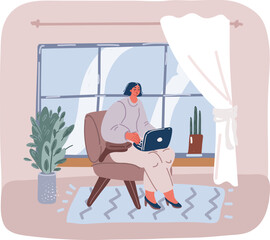 Vector illustration of woman in chair with laptop at home.