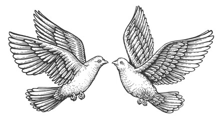 Pair of flying doves in love. Pigeon with spread wings. Bird animal sketch. Hand drawn vector vintage illustration