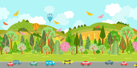 Panorama of summer scenery with hills. Road traffic in front of