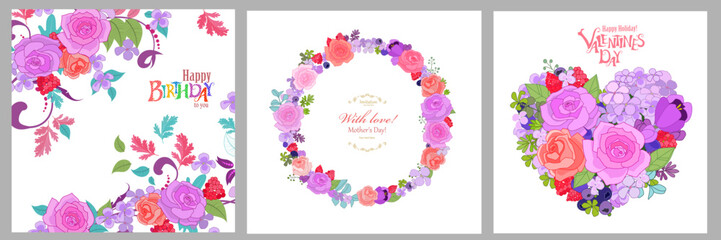 Fototapeta na wymiar A collection of banners with floral arrangements. Foliage orname