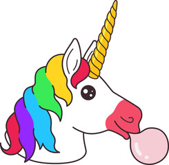Cute magic fantasy cartoon unicorn head with rainbow hair mane blowing bubble gum sticker vector isolated