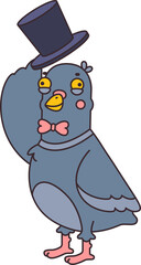 Cartoon cute funny pigeon urban bird with bow tie and top hat