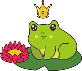 Cartoon cute princess frog with gold crown sitting on water Lily leaf with a flower