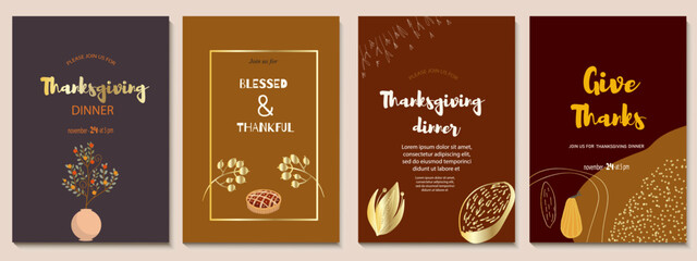 Abstract universal templates set in autumn palette with leaves, tangerine tree, pumpkin pie, pummpkin, flowers, for brochure, network post, advertising, Thanksgiving invitation.