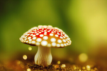 macro photography of red mushroom in the forest. Fly agaric close-up in the forest. 