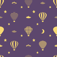Night seamless pattern with balloons, clouds, moon and stars. Perfect print for tee, textile, paper and fabric. Vector illustration for surface design.