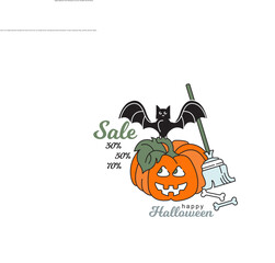 Vector, colored icon. Happy Halloween illustration. Pumpkin, bat and broom.
