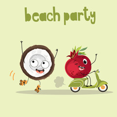 Vector illustration of funny characters, cartoon pomegranate rides a scooter, waves his arms and winks, a coconut rides on roller skates. Beaqch party inscription.
