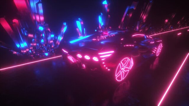 This stock motion graphics video shows a Futuristic Cyberpunk sport car driving with neon glowing crystals looped background.
