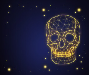 Neon human skull on a dark blue background with bright flashes around. Linear, polygonal skull on dark with copy space Concept of Halloween, danger, death.