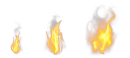 Fotobehang Fire PNG. Realistic Fire Flames with smoke and sparkles transparent on without background. Burning red wildfire flames set, burn bonfire silhouette and blazing fiery spurts of flame © Jasinski