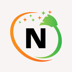 Initial House Cleaning Logo On Letter N Concept. Maid Logotype Vector Symbol
