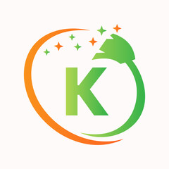 Initial House Cleaning Logo On Letter K Concept. Maid Logotype Vector Symbol