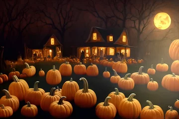 Gardinen Artistic illustration, House on the Farm with field covered with pumpkins on the night of the full moon. Creative artwork decoration. Useful as a party poster or greeting card. Happy Halloween scene © stockcrafter