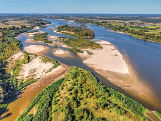 Aerial view on set of wild beaches on large river
