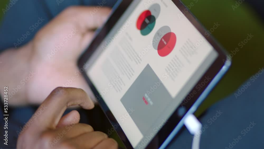 Poster Man hands, digital tablet web design and dashboard analytics of creative ui data innovation. Closeup designer reading online statistics, screen app and website review, marketing research and internet