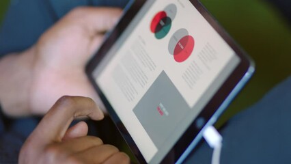 Man hands, digital tablet web design and dashboard analytics of creative ui data innovation. Closeup designer reading online statistics, screen app and website review, marketing research and internet