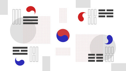 Geometric abstract background in Korean style. South Korea symbols, trigrams, white background. Minimalism. Desktop wallpaper, banner, poster. Vector illustration.