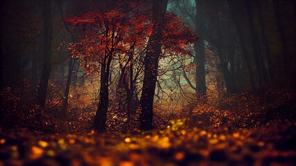 Beautiful scenery in a dark Autumn forest