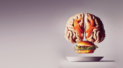 Illustration of a brain made from fast food, like a hamburger, unhealthy eating and lifestyle, risk for obesity and diabetes
