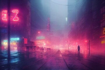 Cyberpunk dystopian cityscape, futurism in a foggy rainy city - obrazy, fototapety, plakaty