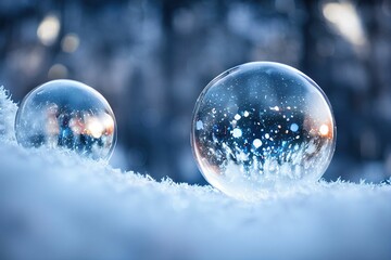 Fototapeta premium Closeup on a frozen bubble with snowflakes