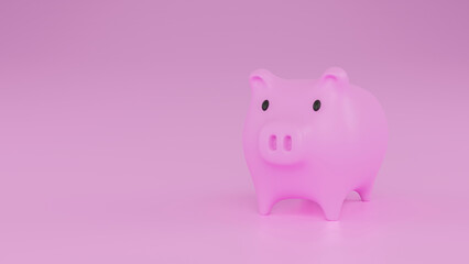 3D render of realistic pink piggy bank pig sideways on pink background with empty space for the text. Concept of financial savings and banking economy.