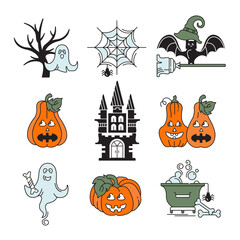 Set of vector colored Halloween holiday icons. Castle, pumpkins, ghost, cobwebs and others.

