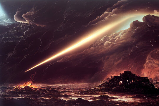 Illustration of Gomorrah and Sodom destroyed by god, rain of sulfur and fire, story of the bible