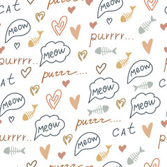 Pattern of fish skeletons. Print in pastel colors from various items for a cat. Free hand. Seamless pattern. Vector illustration.