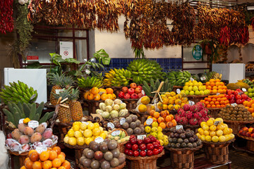 Exotic fruits,  fruit and vegetable, market,  market hall  Mercado dos Lavradores , Funchal,  Madeira,  Portugal,  Europe