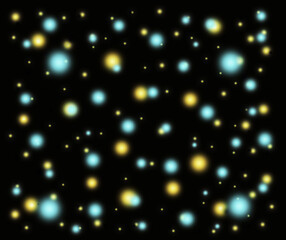 Black background in a magical, technological style. Space image with bright neon golden and blue star spots.