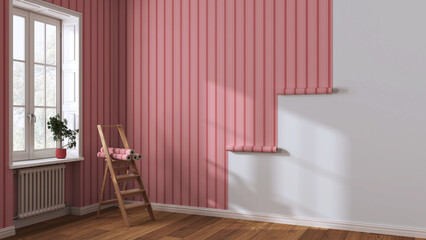Empty room with white walls and parquet floor, shits of striped red wallpaper on the wall with copy space. Housework concept