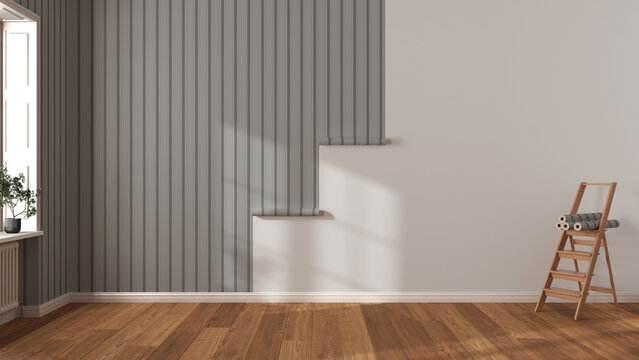 Empty room with white walls and parquet floor, shits of striped gray wallpaper on the wall with copy space. Housework concept