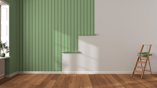 Empty room with white walls and parquet floor, shits of striped green wallpaper on the wall with copy space. Housework concept